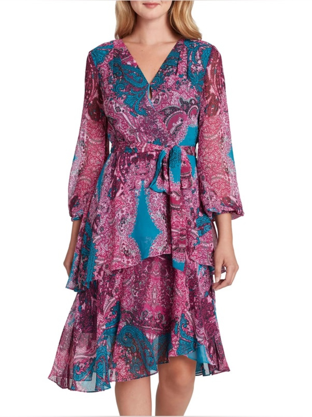 Tahari ASL Paisley Tiered Wrap Midi Dress Long Sleeve Tie Waist Aster Teal 8 NWT